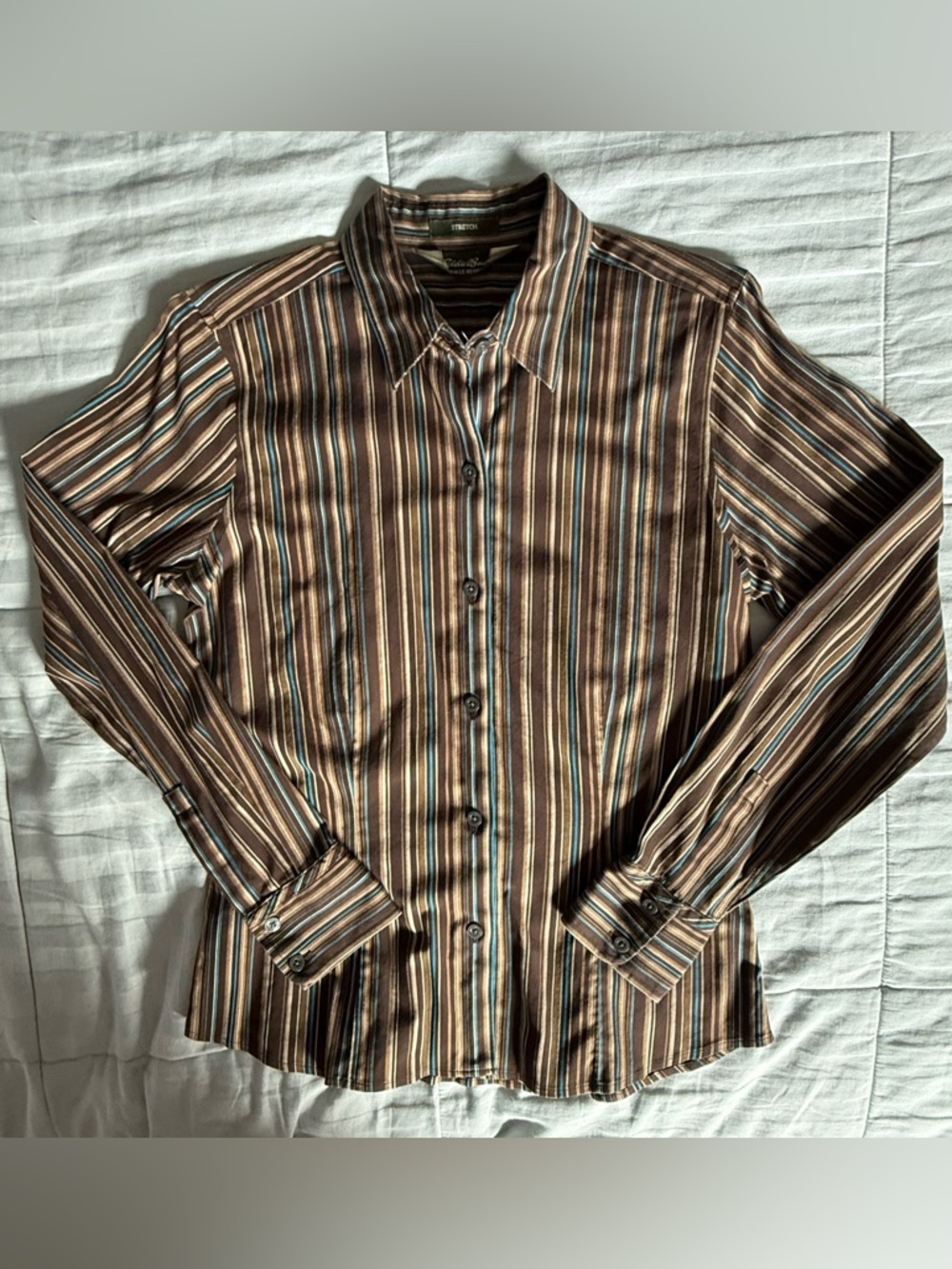 Women’s Small Striped Stretch Button-Up Shirt - Brown Multi